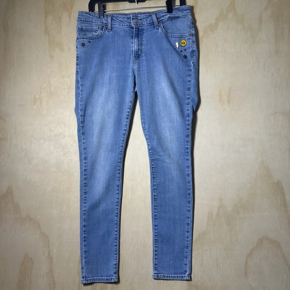 Levis 711 Skinny Embellished Jeans Vintage Soft Blue Wash Star Eyes Zip Fly 31 - Picture 1 of 12